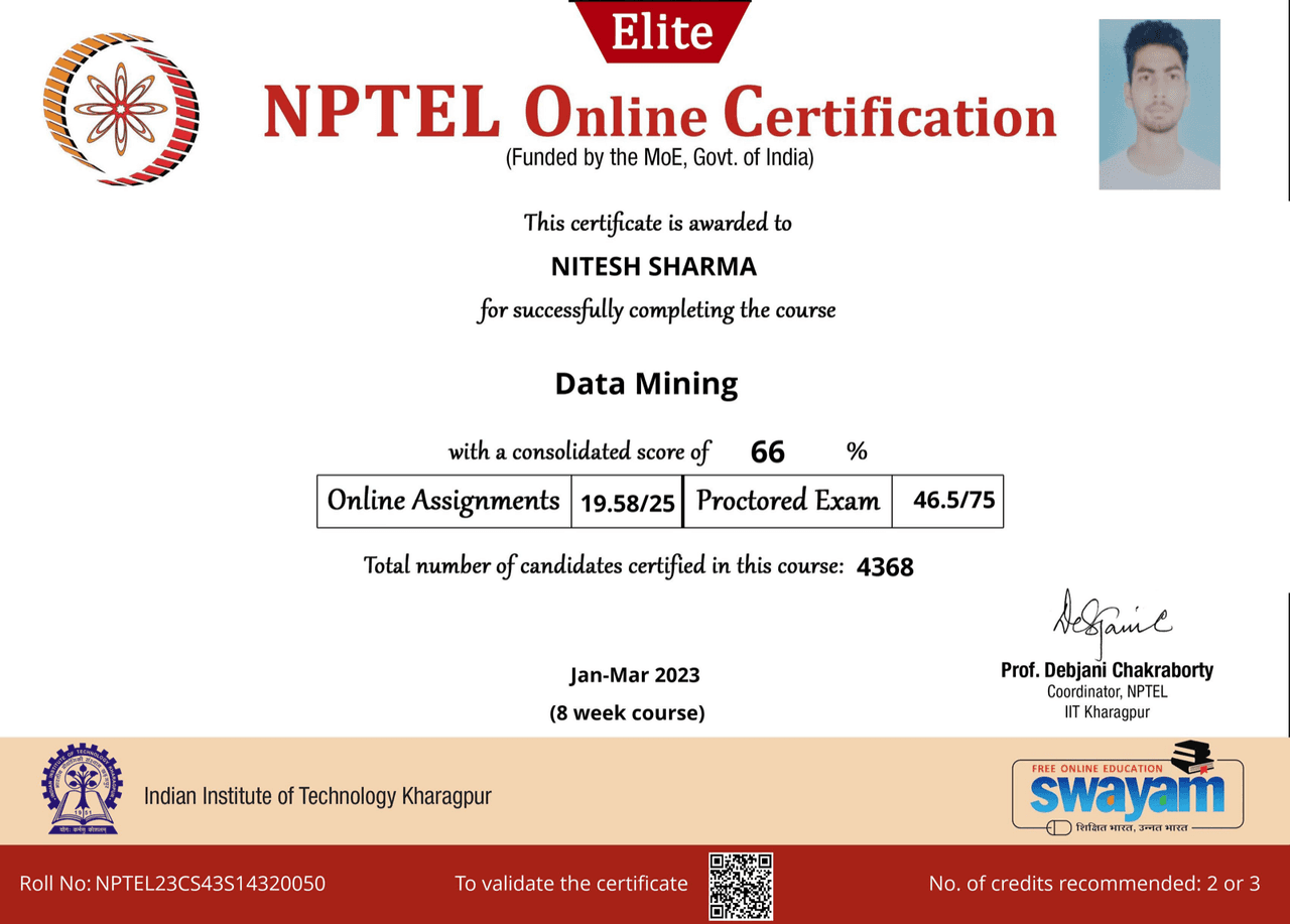 Data Mining, NPTEL Elite certification from IIT Kharagpur